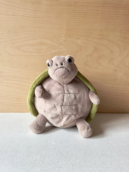 Stuffed turtle with a green shell and a frowning face.