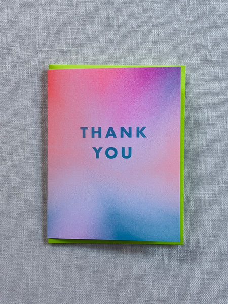 Blue and pink card with blue text in the middle reading "Thank You"