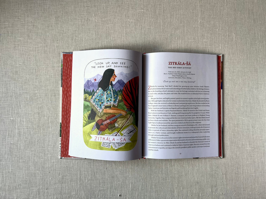 "Champions of Change" opened to a page showcasing art of Zitkála-šá