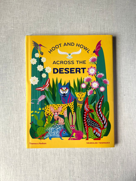 Cover of the book "Hoot and Howl Across The Desert"  by Vasiliki Tzomaka with pop art of various animals