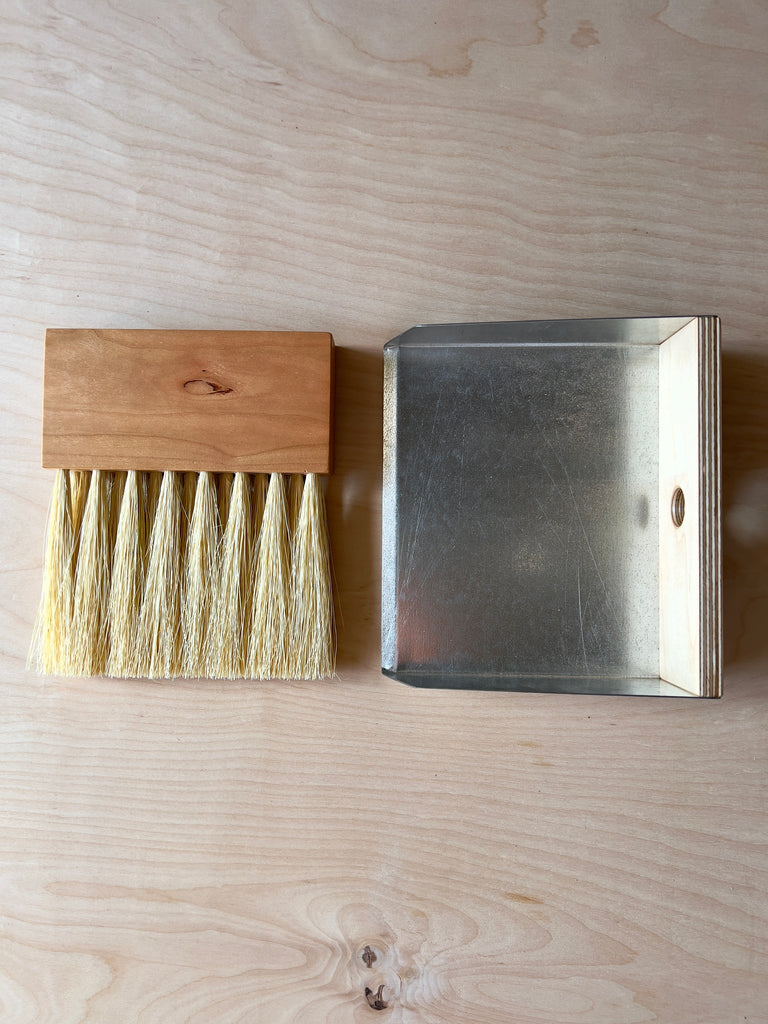 Horsehair hand broom with metal and wood dustpan