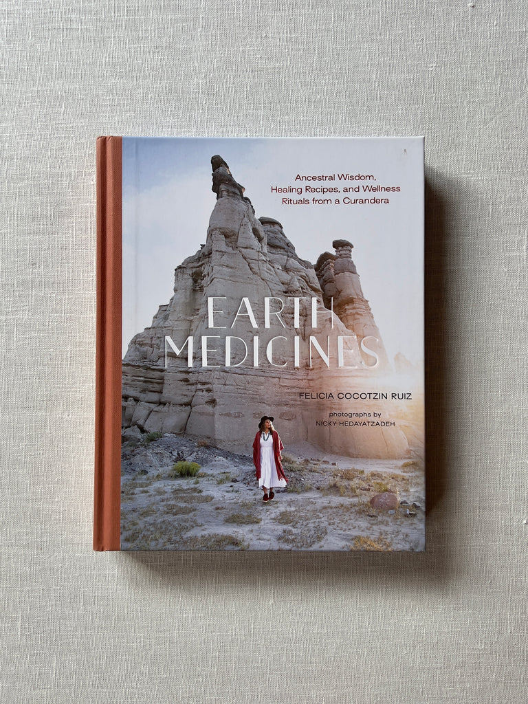 Cover of the book "Earth Medicines" by Felicia Cocotzin Ruiz. A woman standing in front of a large rock structure in the desert is seen on the front.