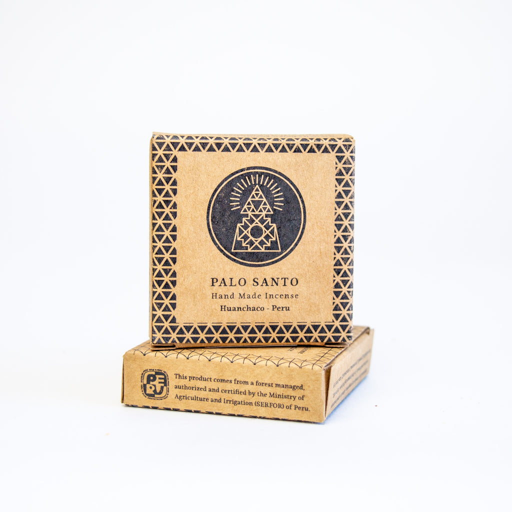 small square box labelled "Palo Santo, hand made incense."