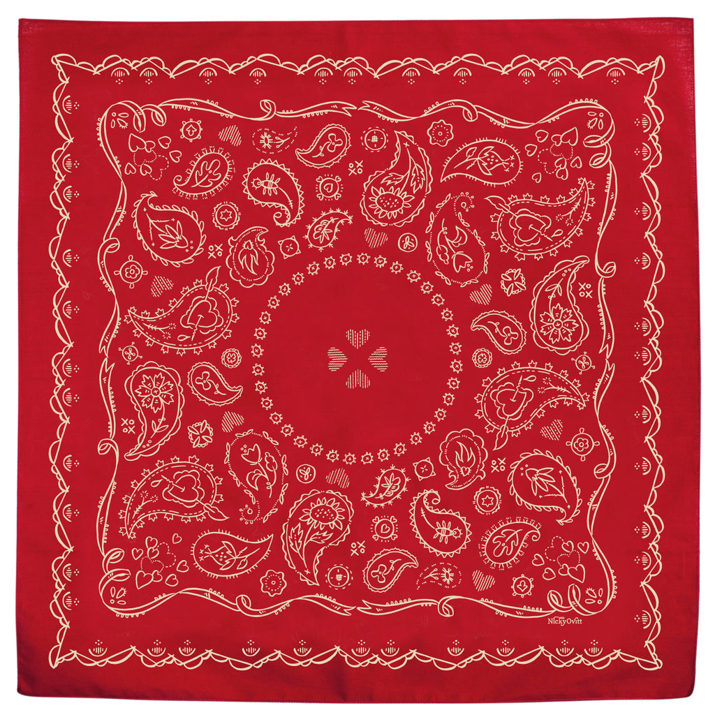 red bandanna with paisley designs, hearts and vines in off white.