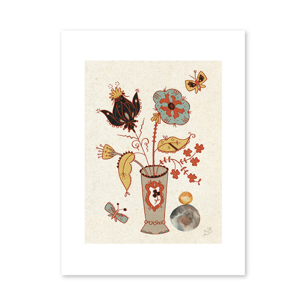 Artwork with a beige background. There is a gray flowerpot with an orange and white flower sigil. The pot is filled with flowers of different sizes, types, and colors. There are two butterflies, one in the bottom left corner and one in the top right.