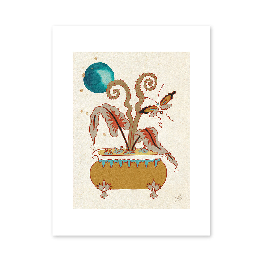 Art print with two leaves and a fern like spiral plant potted in a planter. There is a butterfly near the plant as well as an image of the moon and stars.