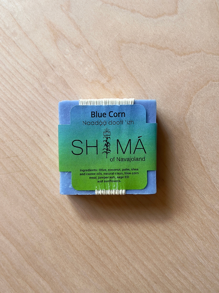 Blue square soap with black text reading "Blue Corn" "shima of navajoland"