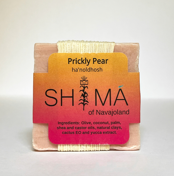 Pink square soap with black text reading "Blue Corn" "shima of navajoland"