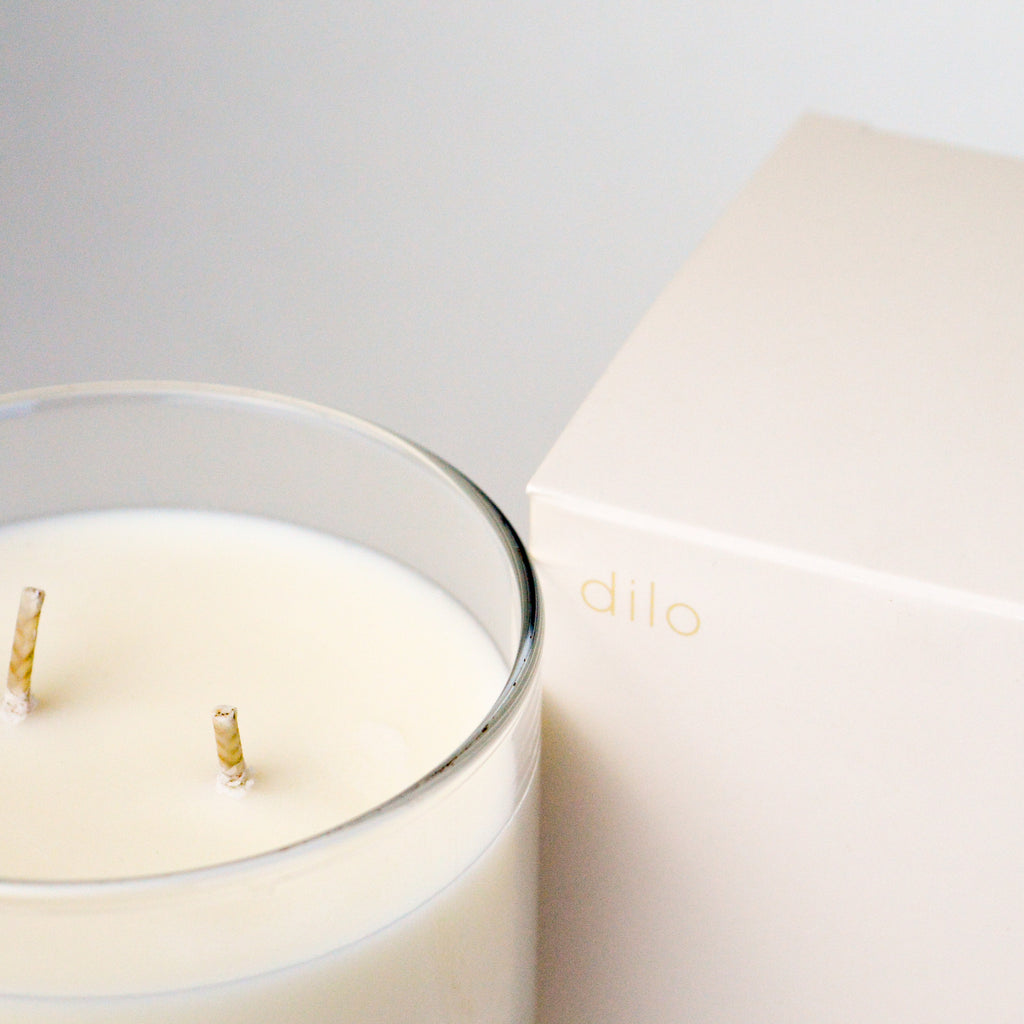 white candle in a clear glass vessel next to a small white box reading "dilo." the candle has two wicks.