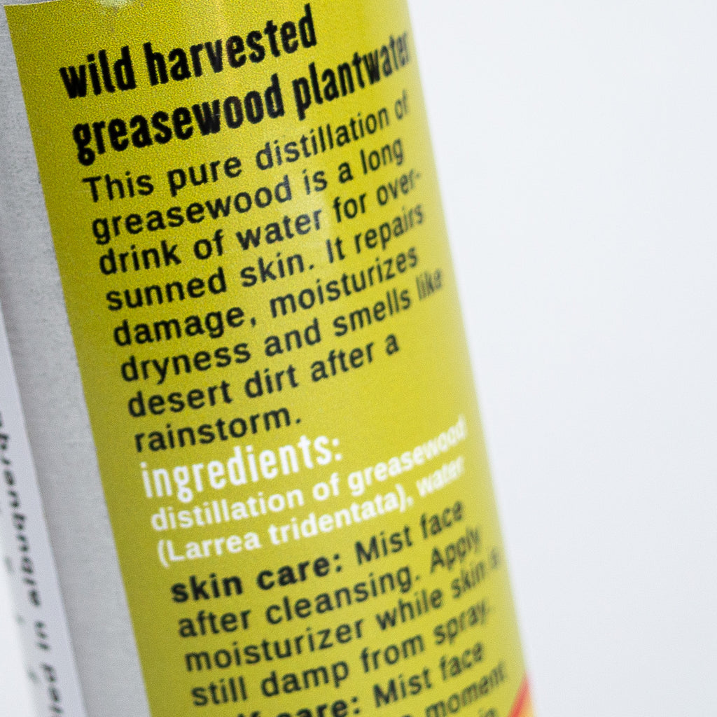 Back label of the Greasewood plantwater showcasing it's ingredients.