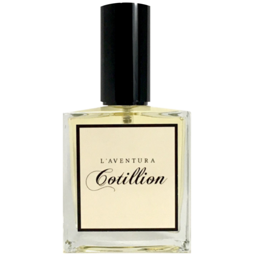 A square perfume bottle with a black lid. There is a square white label with black text reading "l'aventura cotillion."