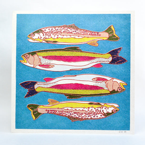 A blue print with four different trout. The top two are right side up. The bottom two are upside down. Colors are greens and different shades of pink.
